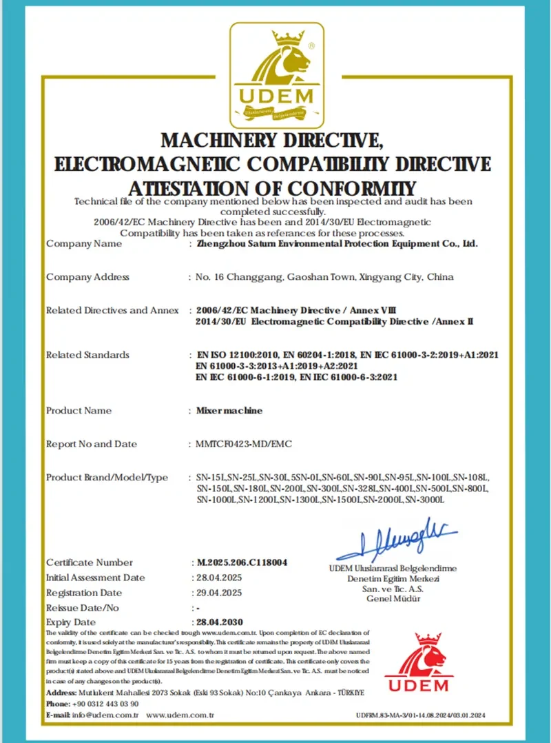 CE and EMC attestation of conformity issued to Zhengzhou Saturn Environmental Protection Equipment Co., Ltd.