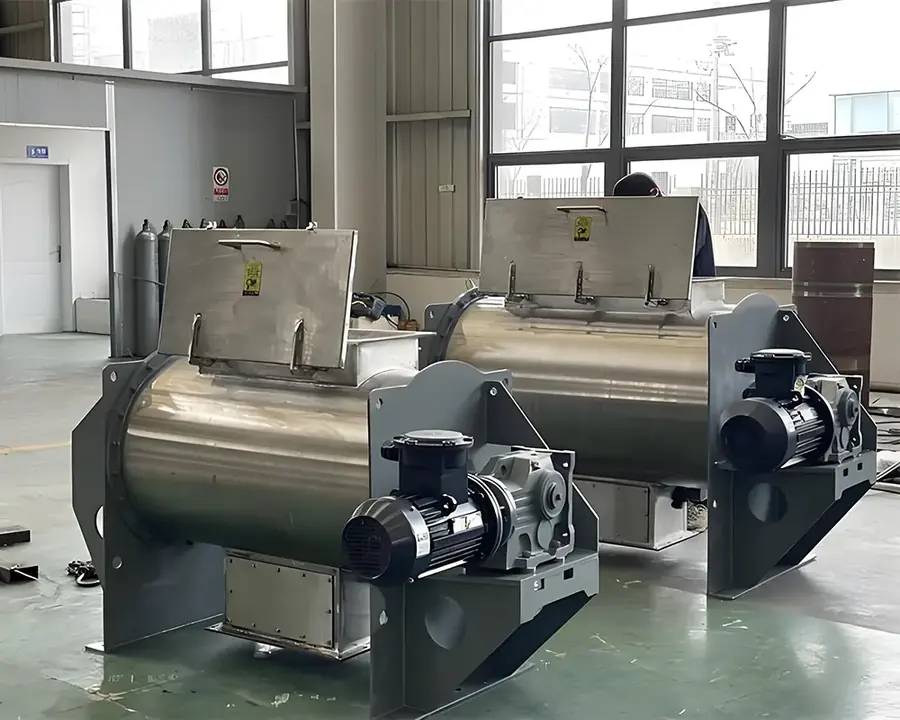 Two finished ribbon blenders after final assembly and drive testing