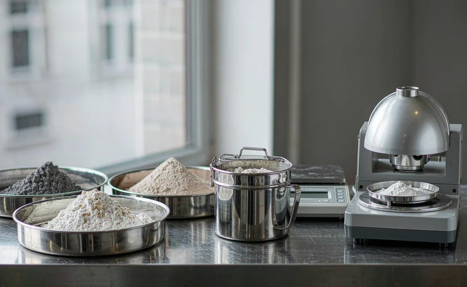 Powder samples of flour, talc and pigment beside a one-litre stainless steel bulk density cup on a bench balance