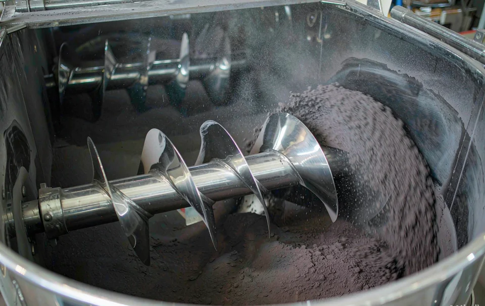 Dark pigment powder being lifted by ploughshares inside a stainless steel mixer