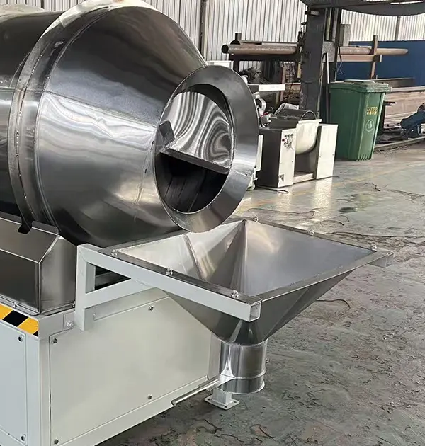 Rotary drum mixer discharge