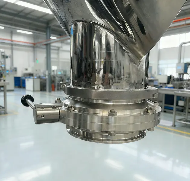V-shape mixer discharge outlet
